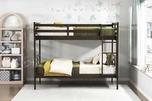 English Elm Twin Twin-over-Twin Bunk Bed with Guard Rails and Integrated Ladder, Oak-Veneer Durable Frame, Space-Saving Design Dark Brown 44 L x 34.5 W x 7 H B011S01851