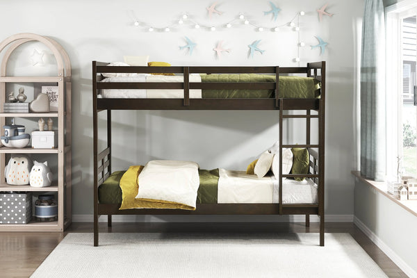 English Elm Twin Twin-over-Twin Bunk Bed with Guard Rails and Integrated Ladder, Oak-Veneer Durable Frame, Space-Saving Design Dark Brown 44 L x 34.5 W x 7 H B011S01851