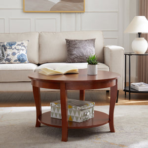 English Elm Traditional Round Coffee Table with Open Shelf, 2-Tier Solid Wood Accent Table for Small Spaces Walnut W1693P216929