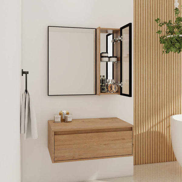 English Elm 30'' Wall Mounted Mirror Cabinet Black Aluminum Acrylic Door Floating Bathroom Storage W999S00538