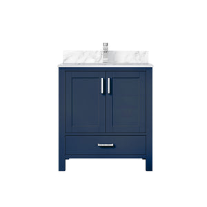 English Elm Navy 30" Bath Vanity with Carrara Marble Top, Soft-Close Drawer, Chrome Faucet & Storage Shelf B2731P259011