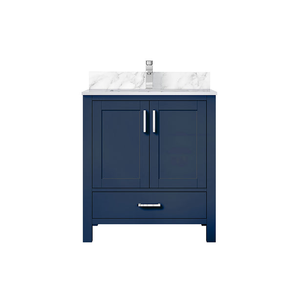 English Elm Navy 30" Bath Vanity with Carrara Marble Top, Soft-Close Drawer, Chrome Faucet & Storage Shelf B2731P259011