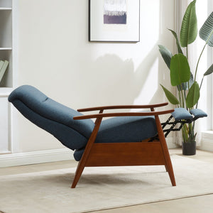 English Elm Tustin Mid-century Push Back Recliner with Chestnut Wood Arms and Performance Fabric Blue B050P429144