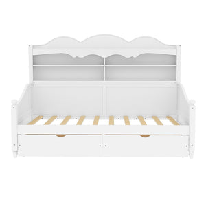 English Elm Twin Daybed Retro Wood Frame with Under Bed Drawers and Headboard Shelving White N733S415358K
