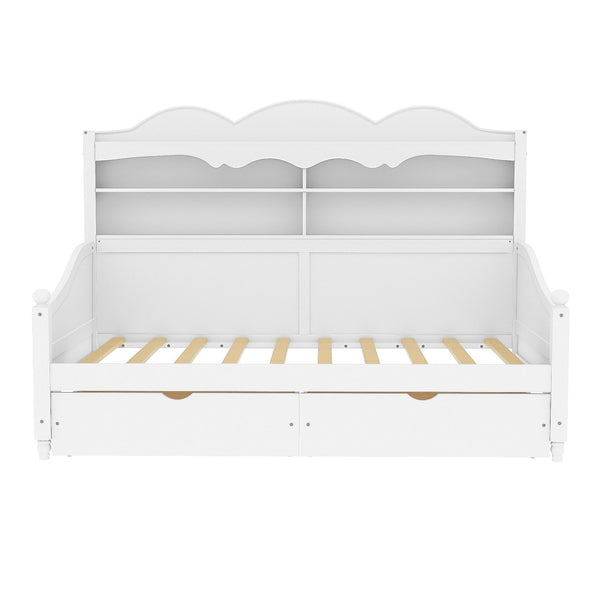 English Elm Twin Daybed Retro Wood Frame with Under Bed Drawers and Headboard Shelving White N733S415358K