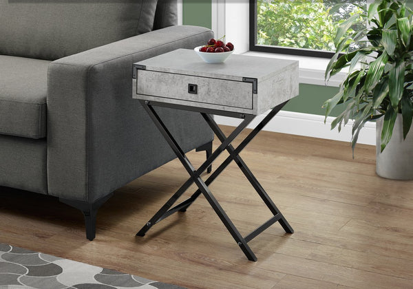English Elm Accent Table Grey Laminate with Storage Drawer & Black Metal X Legs — Contemporary Retro Nightstand B2710P219332