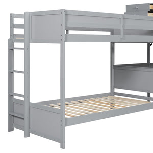 English Elm Twin L-shaped Bunk Bed Pine Wood Corner Design with Desk Drawers and Usb Charging Gray N820S00079E