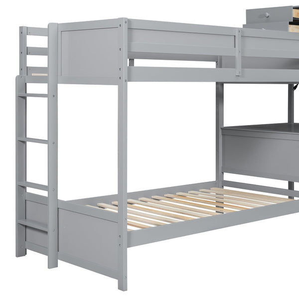 English Elm Twin L-shaped Bunk Bed Pine Wood Corner Design with Desk Drawers and Usb Charging Gray N820S00079E