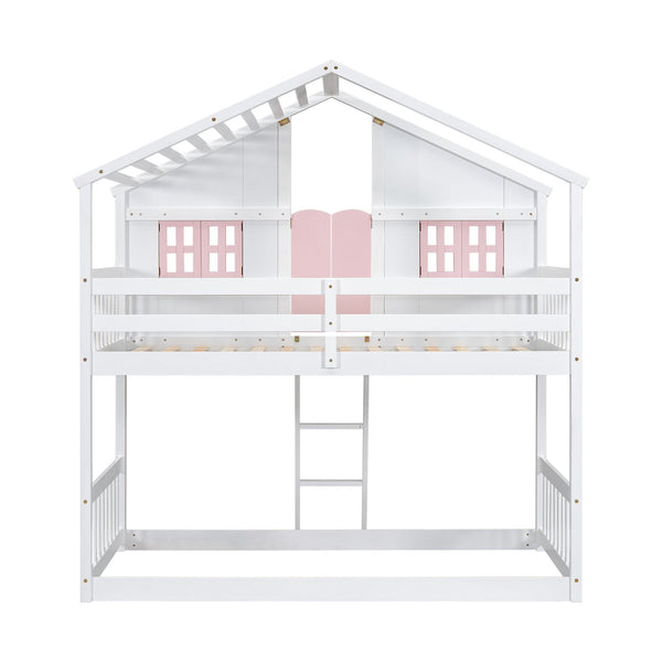 English Elm Twin House Bunk Bed with Roof, Window Box, Door, Guardrails & Ladder—Sturdy Pine Playful Design for Kids Pink+White W504S00151