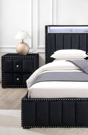 English Elm Beige Fabric Upholstered Nightstand with Channel Tufting Nailhead Trim and Crystal Knobs Black B2741P421103