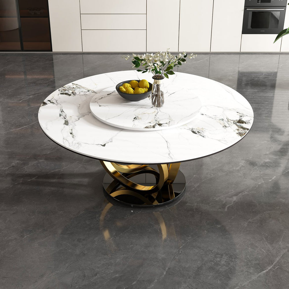 English Elm 59" Round Dining Table With 360° Lazy Susan - Stylish Sintered Stone Top, Heat/Scratch Resistant Finish W2699S00026