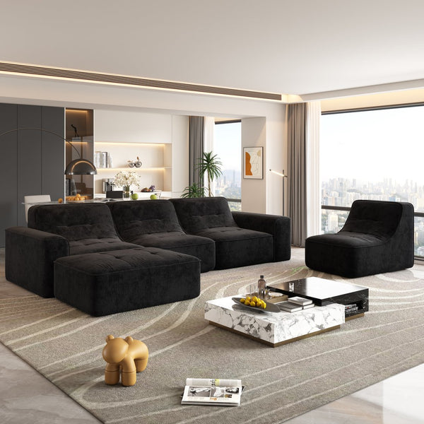 English Elm 143.7" Modern Modular Sectional Sofa Set with Removable Ottoman, Tufted Sparkling Chenille, Deep Seat Comfort Black W3219S00004