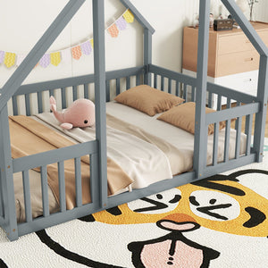 English Elm Full House-Shaped Floor Bed with Fence and Guardrails, Pine Wood Play Loft for Imaginative Kids Retreat Grey W504P143293