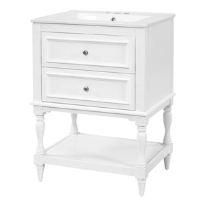 English Elm 24'' Retro Bathroom Vanity Mdf Cabinet with Ceramic Sink Open Shelf and 2 Drawers White N710P405414K