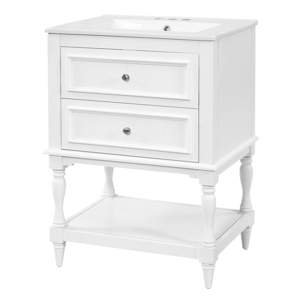 English Elm 24'' Retro Bathroom Vanity Mdf Cabinet with Ceramic Sink Open Shelf and 2 Drawers White N710P405414K