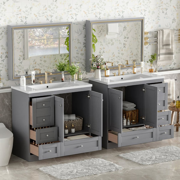 English Elm 72-inch Shaker Double Bathroom Vanity Gray Mdf with Resin Basins and Soft Close Storage N729P000030E