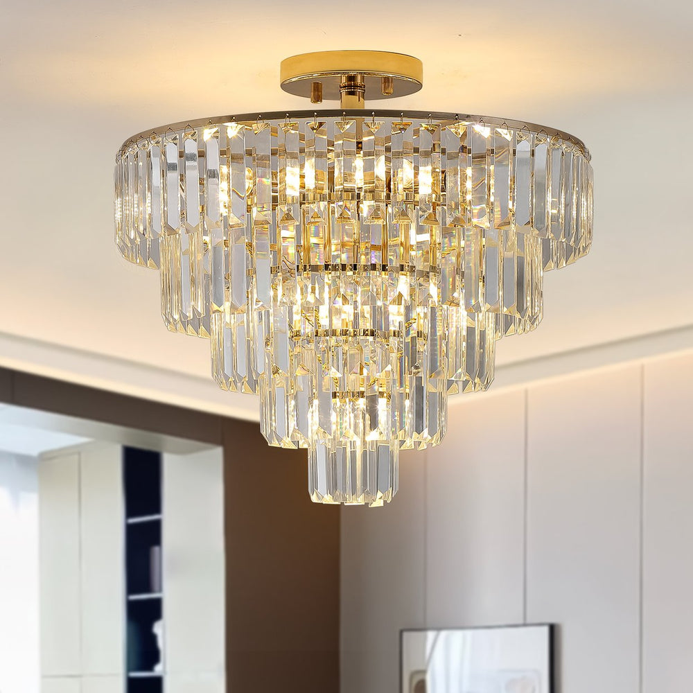 English Elm Gold Crystal 5-Tier Round Chandelier Semi-Flush Modern Luxury K9 Crystal Ceiling Light Fixture W2312P374964