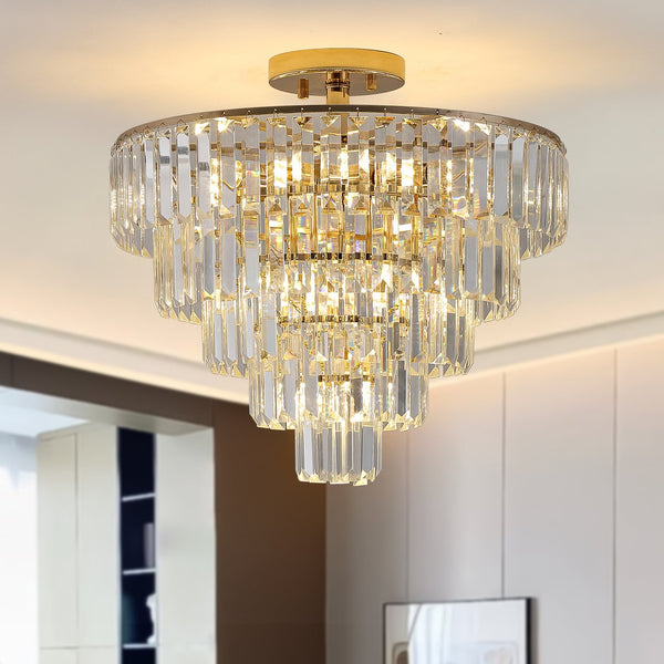 English Elm Gold Crystal 5-Tier Round Chandelier Semi-Flush Modern Luxury K9 Crystal Ceiling Light Fixture W2312P374964