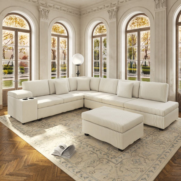 English Elm 110.2" Corduroy Sectional Sleeper Sofa with Ottoman Usb Ports Storage Armrests Living Room Beige W3219S00013