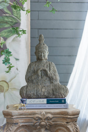 English Elm 13x6.5x17" Polyresin Buddha — Earthy Cream Finish, Weathered Carved-Wood Look for Calm Décor, Shelf Accent W2078P360880