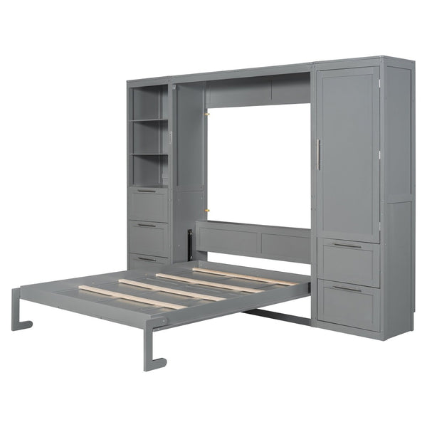 English Elm Queen Murphy Wall Bed with Wardrobe Drawers and Shelves for Studio or Guest Room Gray LP000865AAE-1
