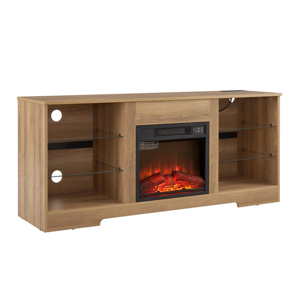 English Elm TV LED Fireplace TV Stand with Bluetooth LED Lights, Remote, USB Charging & Ample Storage, 58" Oak W2275P257558