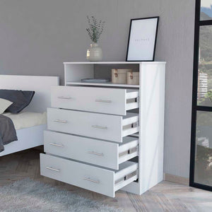 English Elm Lagos Four Drawer Dresser with Spacious Open Shelf and Superior Top, Light Grey Finish, Modern Storage Solution White 47 L x 22 W x 4 H B128S00098