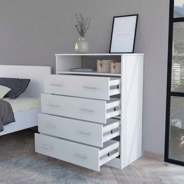 English Elm Lagos Four Drawer Dresser with Spacious Open Shelf and Superior Top, Light Grey Finish, Modern Storage Solution White 47 L x 22 W x 4 H B128S00098