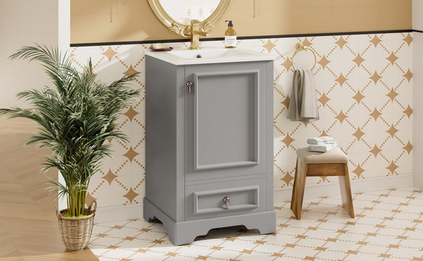 English Elm 20 Inch Bathroom Vanity with Ceramic Sink, Soft-Close Door, Adjustable Shelf, Smart Storage Organizing Design Grey N729P299505E