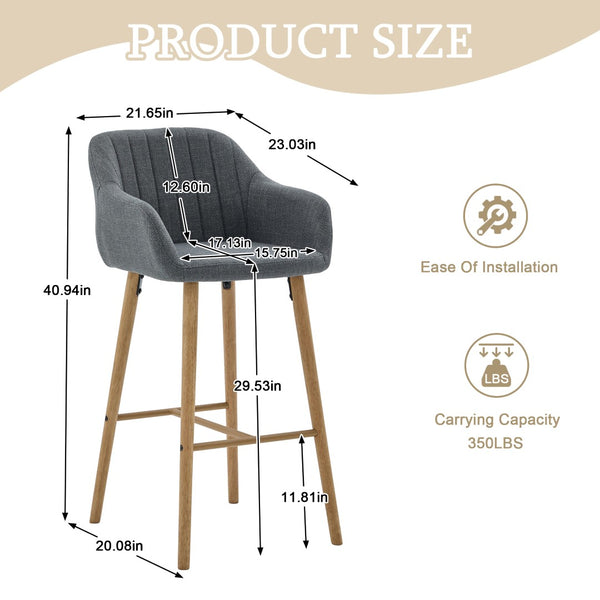 English Elm Modern Linen Upholstered Barstools with Oak Legs Armrests and Footrest for Kitchen Islands Gray W395P396316