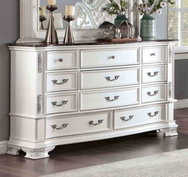 Luxury White 1pc Dresser Dovetail Drawers Genuine Marble Top Bronze Round Knob and Hanging Pulls Bedroom Astoria Grand