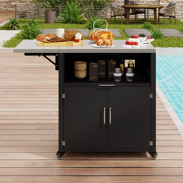 English Elm Versatile Outdoor Cabinet with Foldable Stainless Top, Extendable Iron Panel, Locking Wheels, Matte Black N719P244805B