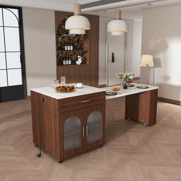 English Elm 80-inch Expandable Island Dining Set Walnut Marble Top Power Outlets 4 Wood Chairs W2700S00141