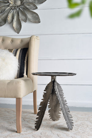 English Elm 16.9x16.9x19.7 Elegant Leaf Side Table with Silver Antique Aluminum Finish, Round Top Accent Piece W2078P180409