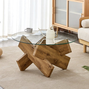 English Elm Circular glass coffee table 33.4" Modern round tempered glass top with wood MDF legs, 130 lb capacity, easy assembly W1151P143350