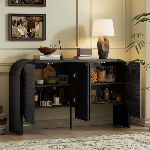 English Elm TREXM Retro Buffet Cabinet with 4 Doors, Curvy Edge Sideboard, Adjustable Shelves, Black/Natural Finish N715P228110B