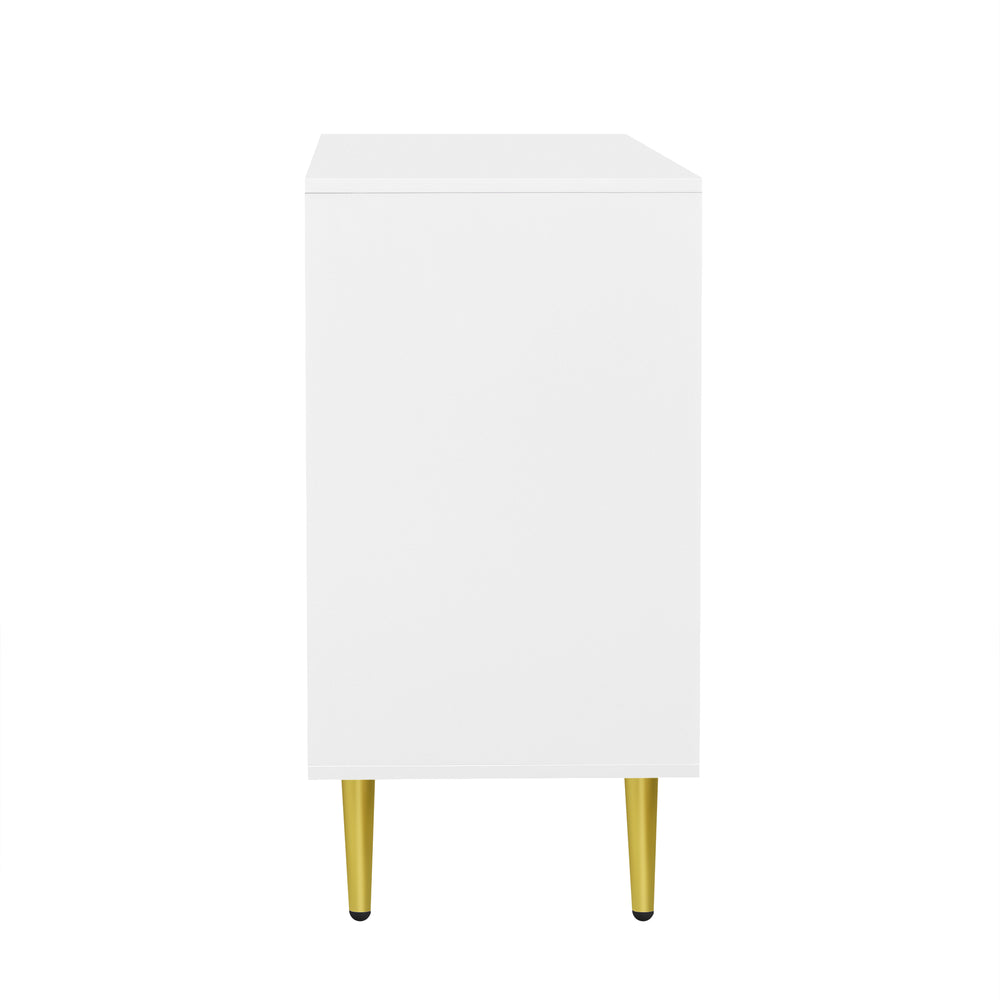 English Elm VIBE Modern TV Stand for TVs up to 55" — Luxe MDF Console with Gold Metal Legs, Adjustable Shelf, Anti-Tip Device White N724P198518K