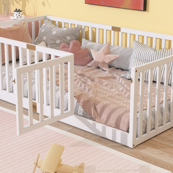 English Elm Twin Floor Bed Solid Rubber Wood with Tall Safety Railings for Toddler Sleep White W504P287652