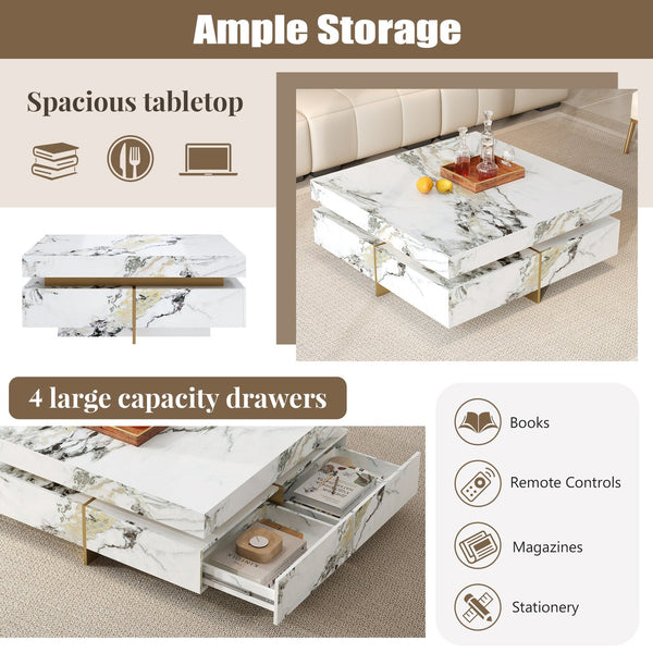 English Elm Modern Square Marble-Textured Coffee Table 43.3" White — Floating Pedestal Design, 4 Hidden Drawers, Durable Chic Storage CH350384AAK