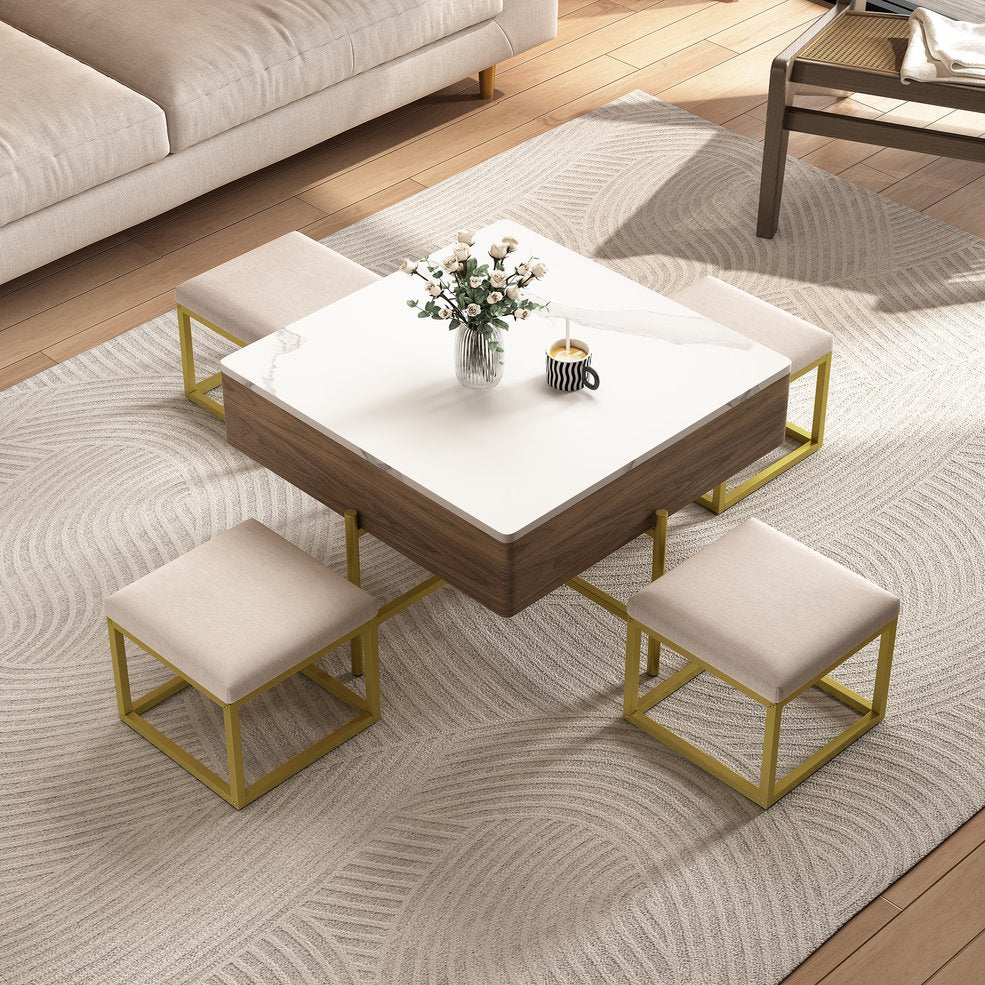 English Elm Modern Square Lift-Top Coffee Table Set with Hidden Storage, 4 Tuck-Away Ottomans, White Walnut Elegance CH192954AAK