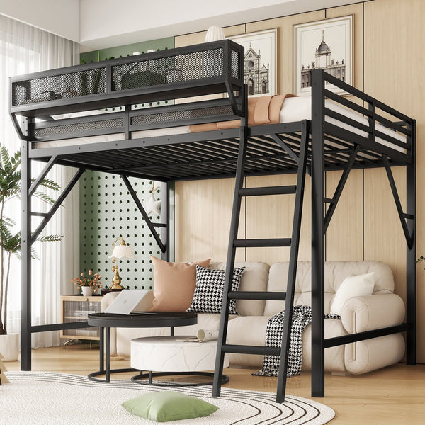 English Elm Full Size Loft Bed with Ladder and Built-In Shelves, Sturdy Metal High Loft for Kids Teens 54" Black W2580P379998
