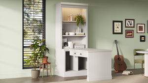 English Elm 83.4"Tall Bookshelf with Writing Desk White – Modern Solid Wood Workstation with LED, Drawer & Adjustable Shelf N751S280597K