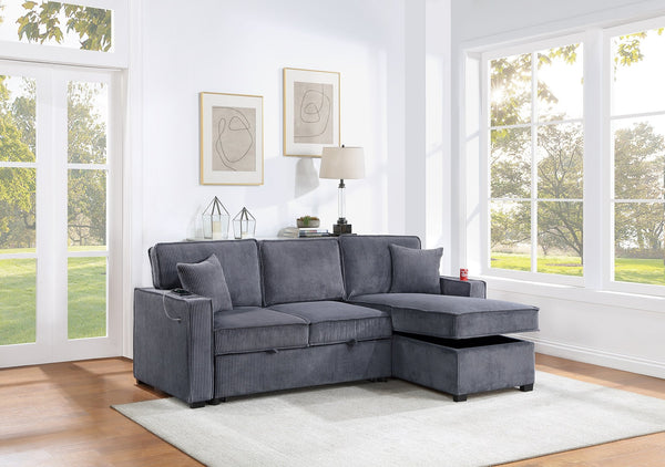 English Elm Convertible Corduroy Sectional Sofa with Reversible Chaise, Hidden Storage, USB Port & Pull-Out Bed Dark Gray 60 L x 30 W x 19 H B011S01243