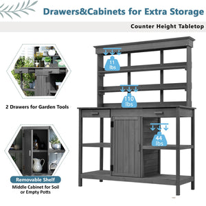 English Elm TOPMAX 66" Potting Bench Gray - Fir Wood Garden Workstation with 36" Counter, 2 Drawers, Shelves, Anti-Tip Device N717P221500E