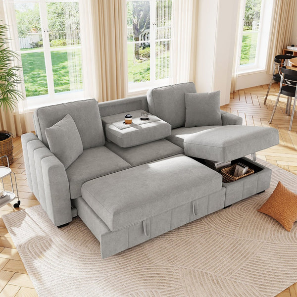 English Elm U_style Modular Sectional Sleeper Sofa with Storage Chaise and Cup Holders for Living Room Grey WY000467AAE