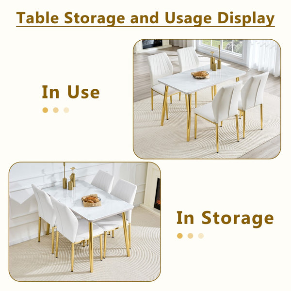 English Elm Table and Chair Set Marble Glass Top Gold Legs Modern Dining for Small Spaces W1151S04637