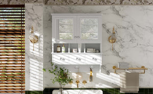 English Elm 4-in-1 Wall Mounted Bathroom Cabinet with Mirror Drawers and Towel Hooks Vanity White N710P405416K