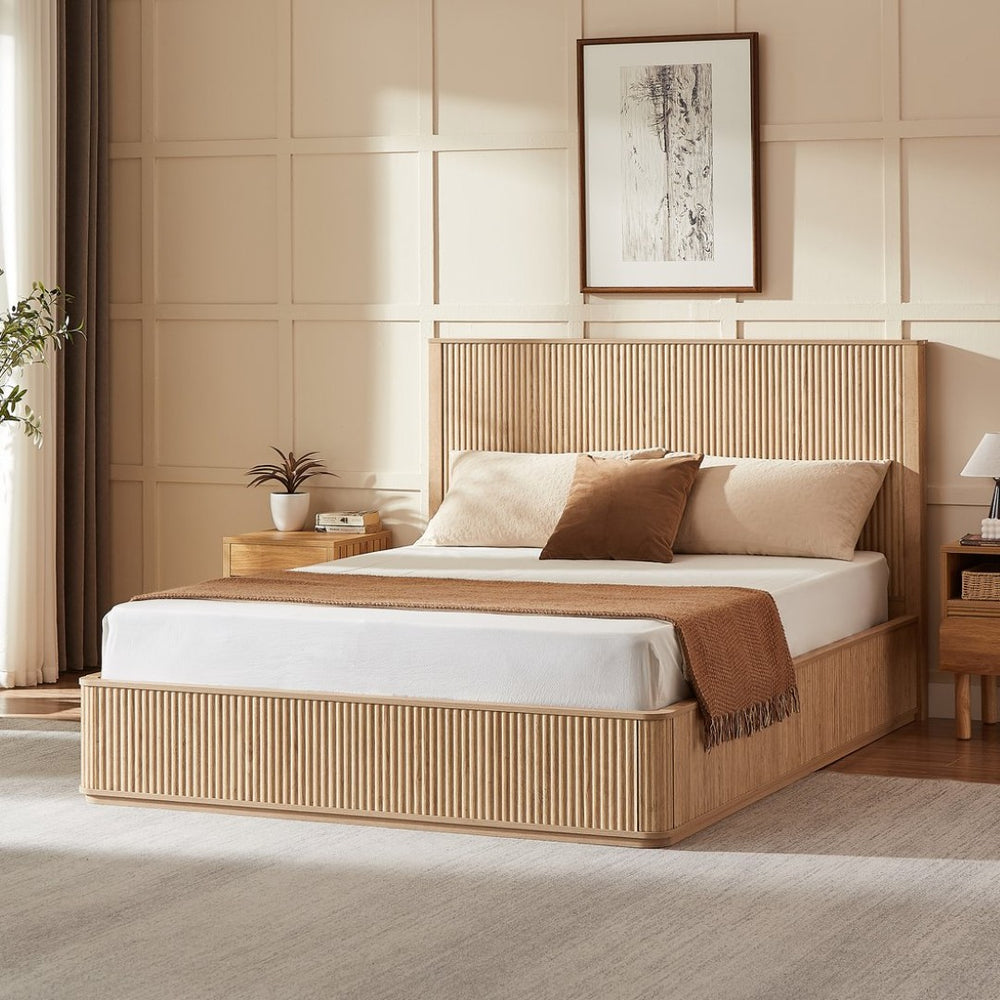 English Elm Natural Fluted Wood Platform Bed Minimalist Queen Frame with Tall Curved Headboard Oak W5219S00002