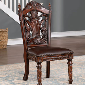 English Elm Traditional Side Chairs Set Of 2 - Brown Cherry Leatherette Seats With Carved Wood Details, Elegant Dining B011P234703-GIGA