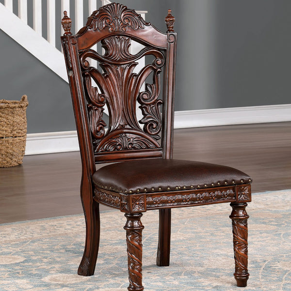 English Elm Traditional Side Chairs Set Of 2 - Brown Cherry Leatherette Seats With Carved Wood Details, Elegant Dining B011P234703-GIGA